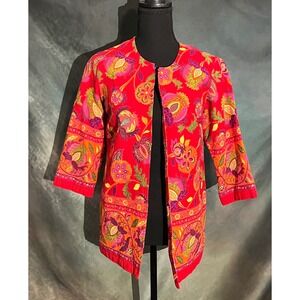 Coldwater Creek Jacket PXS‎ Linen Blend Red Floral Paisley Print 3/4 Sleeve Open
